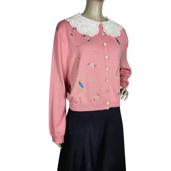 Royal Monk 50s Pink Lace Collar Candy Embroidered Opal Button Cardigan Sweater - Picture 12 of 14